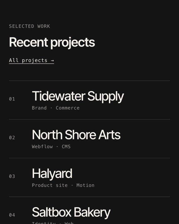 Screenshot of the Work / Hover-Reveal Index section