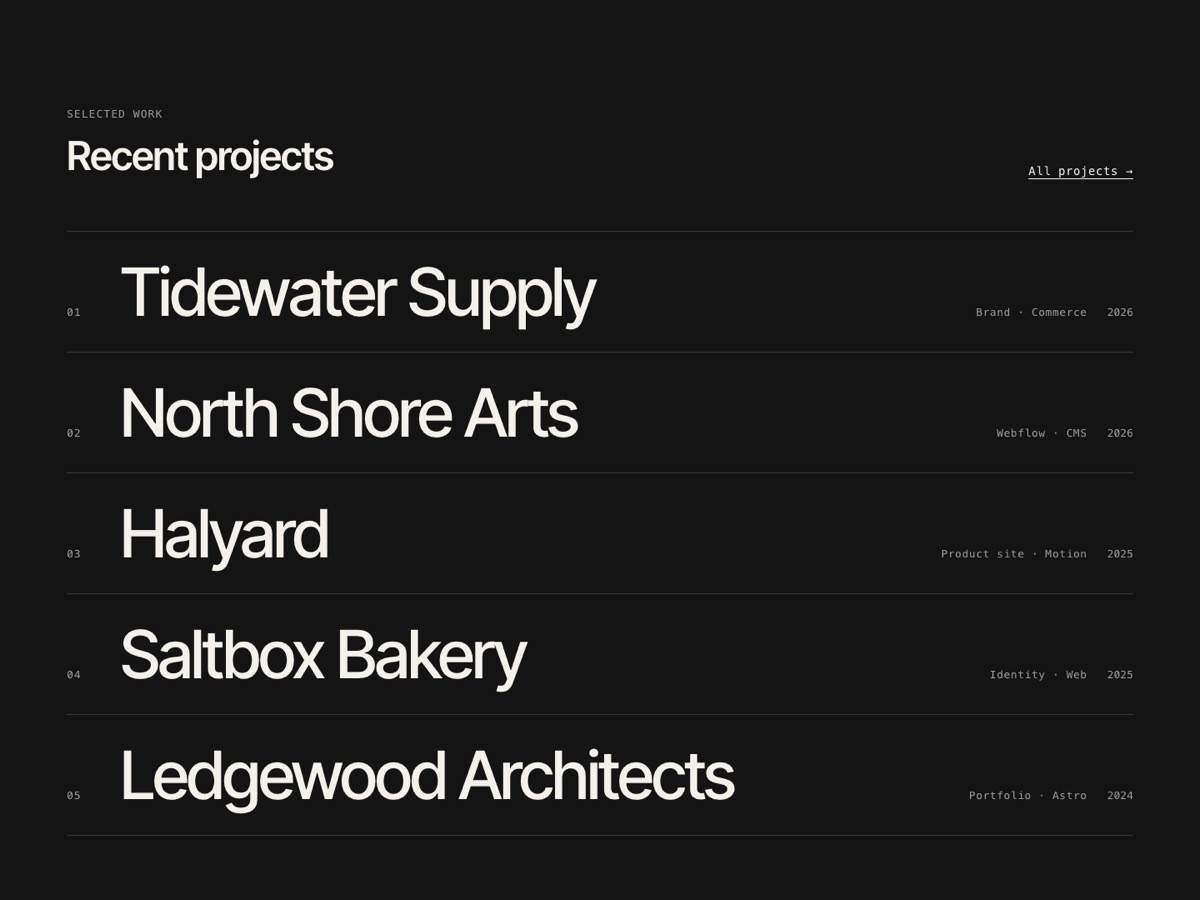 Screenshot of the Work / Hover-Reveal Index section